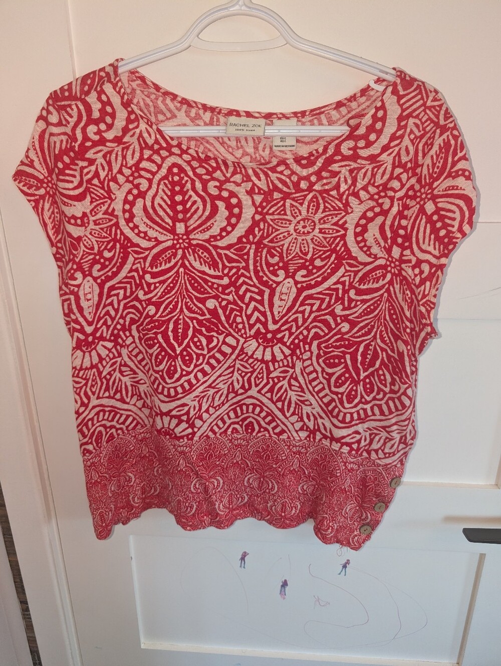 Rachel Zoe Red & White Printed Scoop Neck Women's Top 100% Linen